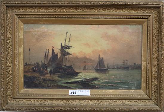 19th century English School, oil on canvas, Fishing boats along the shore at sunset, 25 x 45cm